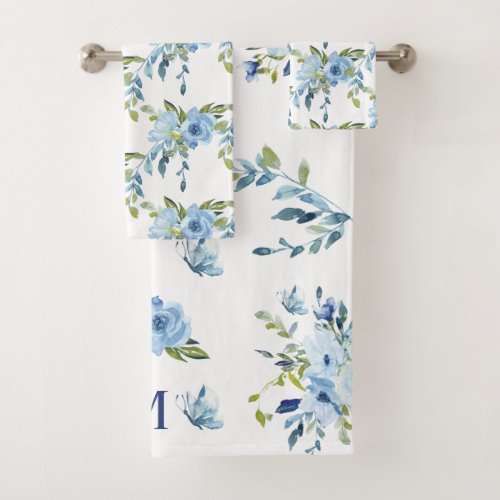 Blue Watercolor Roses Monogram Bath Towel Set