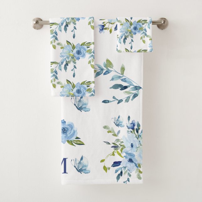 Blue Watercolor Roses Monogram Bath Towel Set (Insitu)