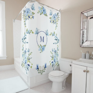 Blue Watercolor Roses Monogram Floral Shower Curtain