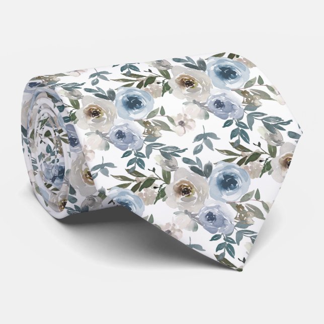 Blue Watercolor Roses Neck Tie (Rolled)