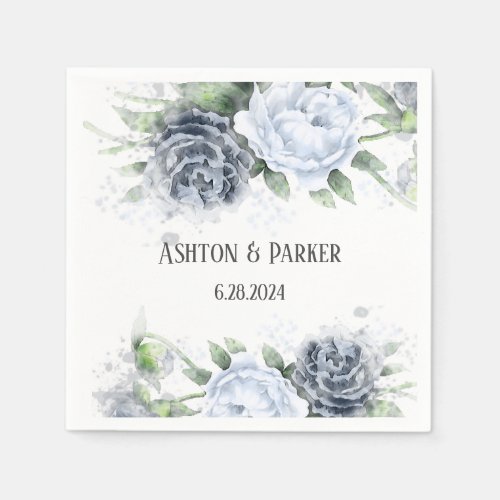 Blue Watercolor Roses Personalized Wedding Napkin