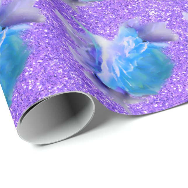 Blue watercolor Roses, romantic purple glitter  Wrapping Paper (Roll Corner)