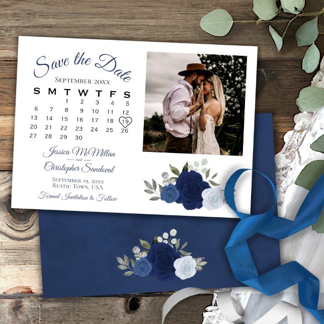 Blue Watercolor Roses Wedding Calendar & Photo Save The Date (Creator Uploaded)