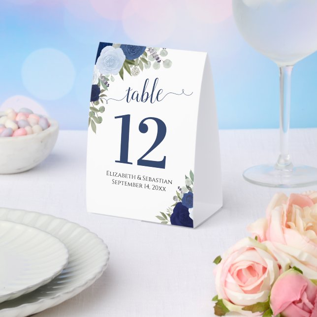 Blue Watercolor Roses Wedding Table Number Paper Table Tent (Insitu(Wedding))