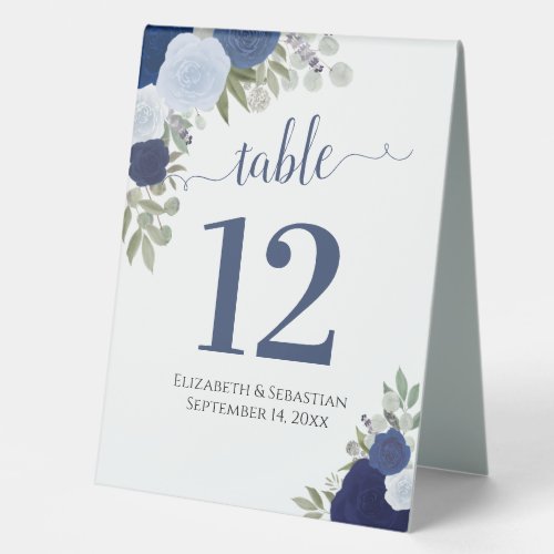 Blue Watercolor Roses Wedding Table Number Table Tent Sign