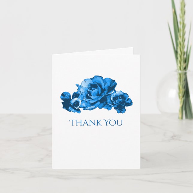Blue Watercolor Roses Wedding Thank You Card (Front)