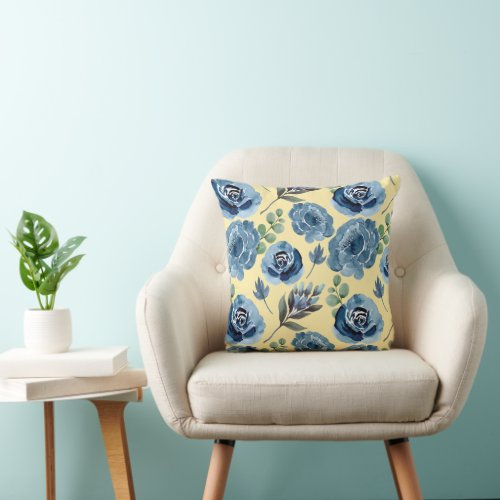 Blue Watercolor Roses Yellow Cottage Throw Pillow