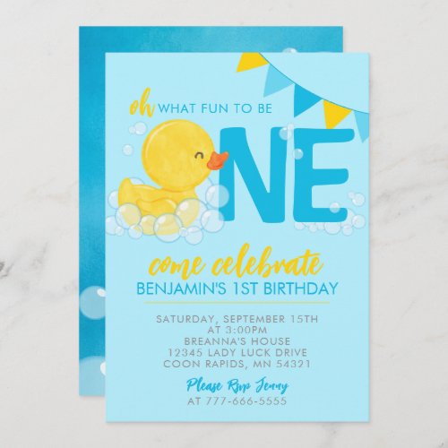 Blue Watercolor Rubber Duck 1st Birthday Party Invitation