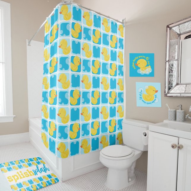 Blue Watercolor Rubber Duck Checkered Shower Curtain (Blue Watercolor Rubber Duck Checkered Shower Curtain)