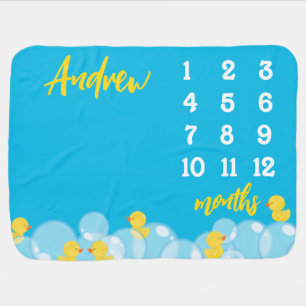 Blue Watercolor Rubber Duck Monthly Milestone Baby Blanket