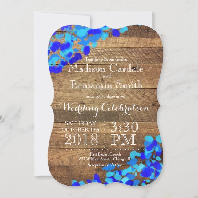 Blue Watercolor Rustic Barn Wood Wedding Invites (Front)