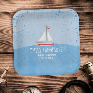 Blue Watercolor Sailboat Baby Shower Custom Paper Plates