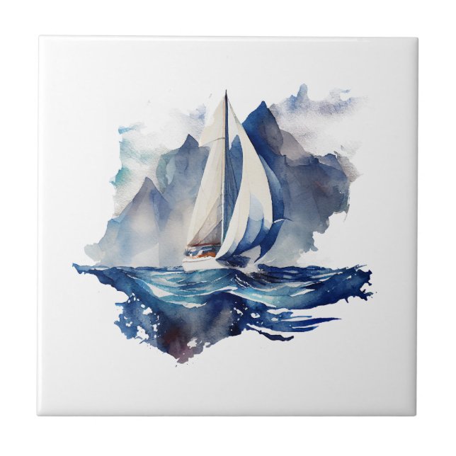  Blue Watercolor Sailboat Ceramic Tile (Front)
