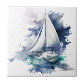  Blue Watercolor Sailboat Ceramic Tile