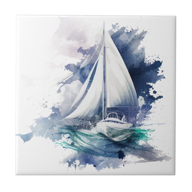  Blue Watercolor Sailboat Ceramic Tile (Front)