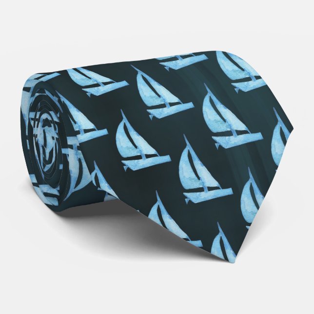 Blue Watercolor Sailboats Neck Tie (Rolled)