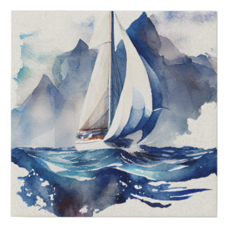 Blue Watercolor Sailing Faux Wrapped Canvas Print