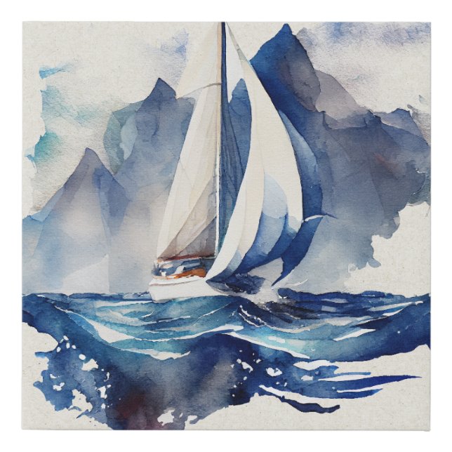 Blue Watercolor Sailing Faux Wrapped Canvas Print (Front)