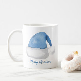 Blue Watercolor Santa Hat Personalized Christmas Coffee Mug
