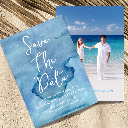 Blue Watercolor Save The Date Photo Announcement