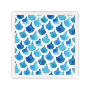 Blue Watercolor Scale Pattern Acrylic Tray