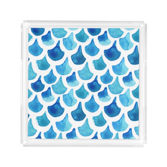 Blue Watercolor Scale Pattern Acrylic Tray (Front)