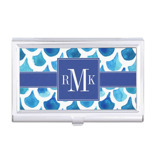 Blue Watercolor Scale Pattern Business Card Case (Front)
