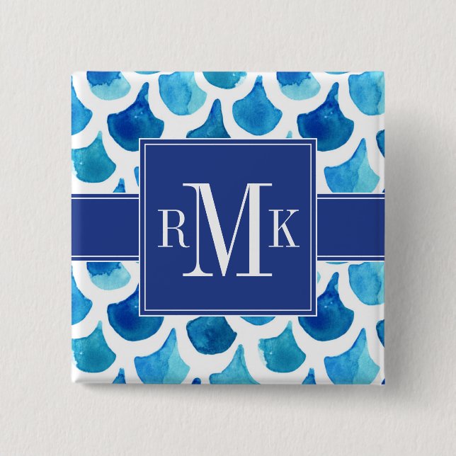Blue Watercolor Scale Pattern Button (Front)