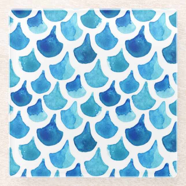 Blue Watercolor Scale Pattern Glass Coaster (Front)