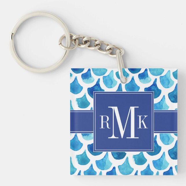 Blue Watercolor Scale Pattern Keychain (Front)