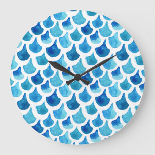 Blue Watercolor Scale Pattern Large Clock