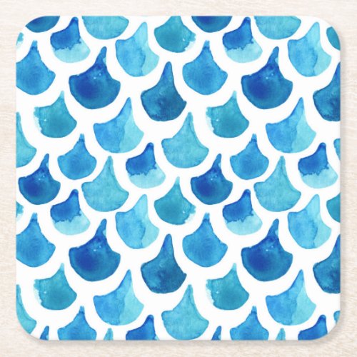 Blue Watercolor Scale Pattern Square Paper Coaster