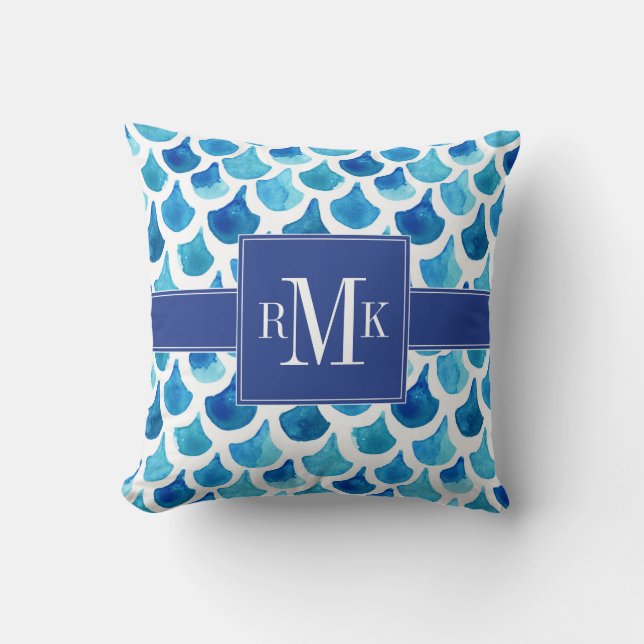 Blue Watercolor Scale Pattern Throw Pillow (Front)