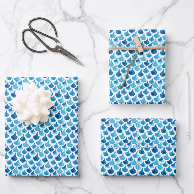 Blue Watercolor Scale Pattern Wrapping Paper Sheets (Front)