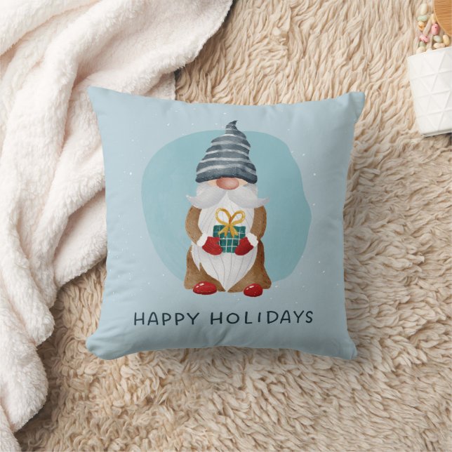 Blue Watercolor Scandinavian Christmas Gnome Throw Pillow (Blanket)