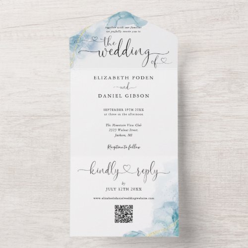 Blue Watercolor Script Hearts QR Code Wedding All In One Invitation