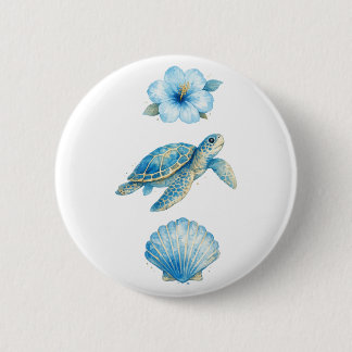 Blue Watercolor Sea Turtle and Coastal Elements Button