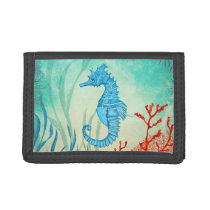 Blue watercolor seahorse trifold wallet