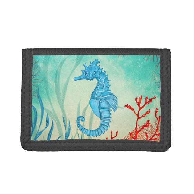 Blue watercolor seahorse trifold wallet (Front)