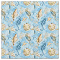 Blue Watercolor Seahorses Starfish Pattern Fabric