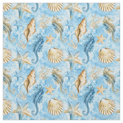 Blue Watercolor Seahorses Starfish Pattern Fabric