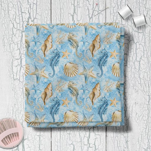 Blue Watercolor Seahorses Starfish Pattern Fabric