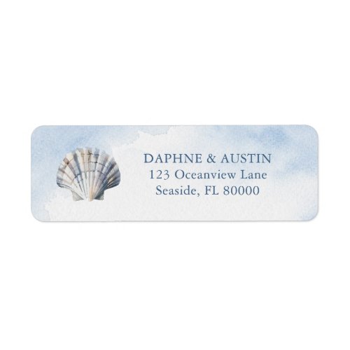 Blue Watercolor Seashell Beach Wedding Label