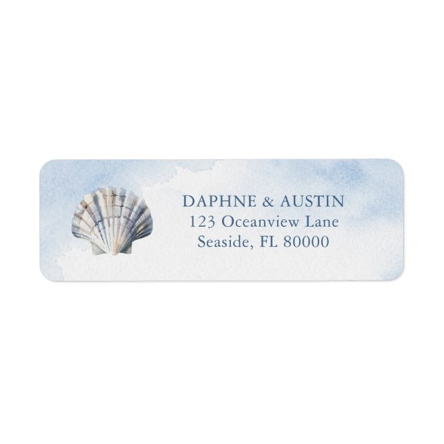 Blue Watercolor Seashell Beach Wedding Label (Front)