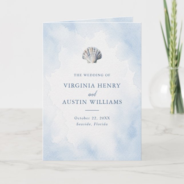 Blue Watercolor Seashell Beach Wedding Program (Front)