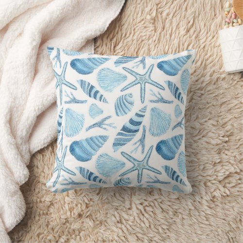 Blue Watercolor Seashell Pattern Throw Pillow