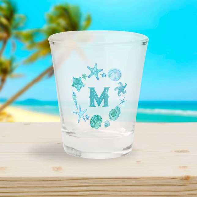 Blue Watercolor Seashells and Starfish Monogram Shot Glass (Blue Watercolor Seashells and Starfish Monogram Shot Glass)