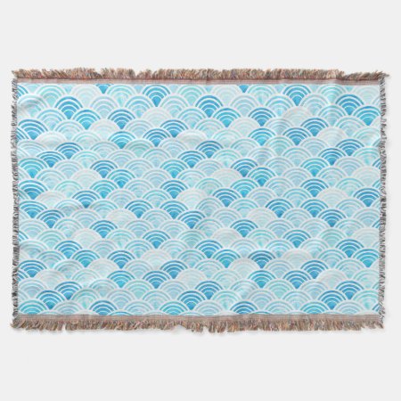 Blue Watercolor Seigaiha Pattern Throw Blanket