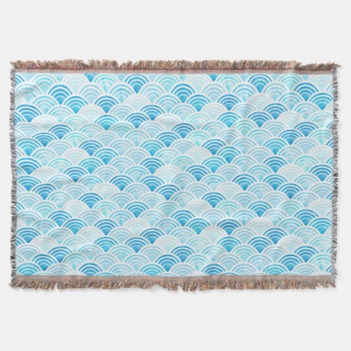 Blue Watercolor Seigaiha Pattern Throw Blanket