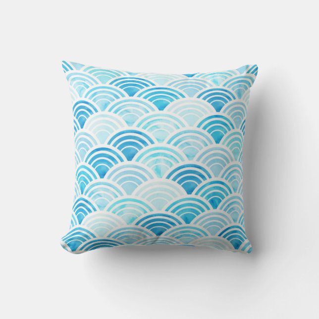 Blue Watercolor Seigaiha Waves Pattern Pillow (Front)